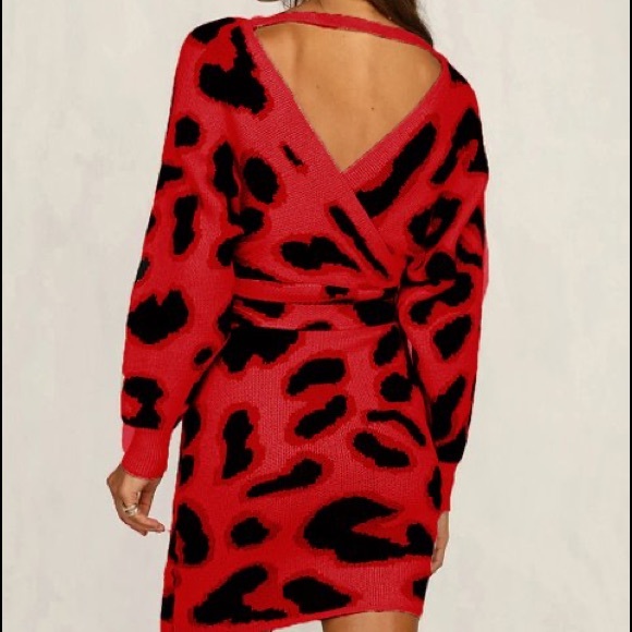116 🛑AT COST LAST 1! Leopard Red Sweater Dress Clearance V Stretch Long Sleeve - Picture 2 of 3